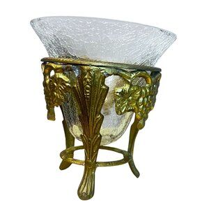 Vtg Brass & Crackle Glass Candlel Holder Vase Compote Bowl Grape Motif Design **